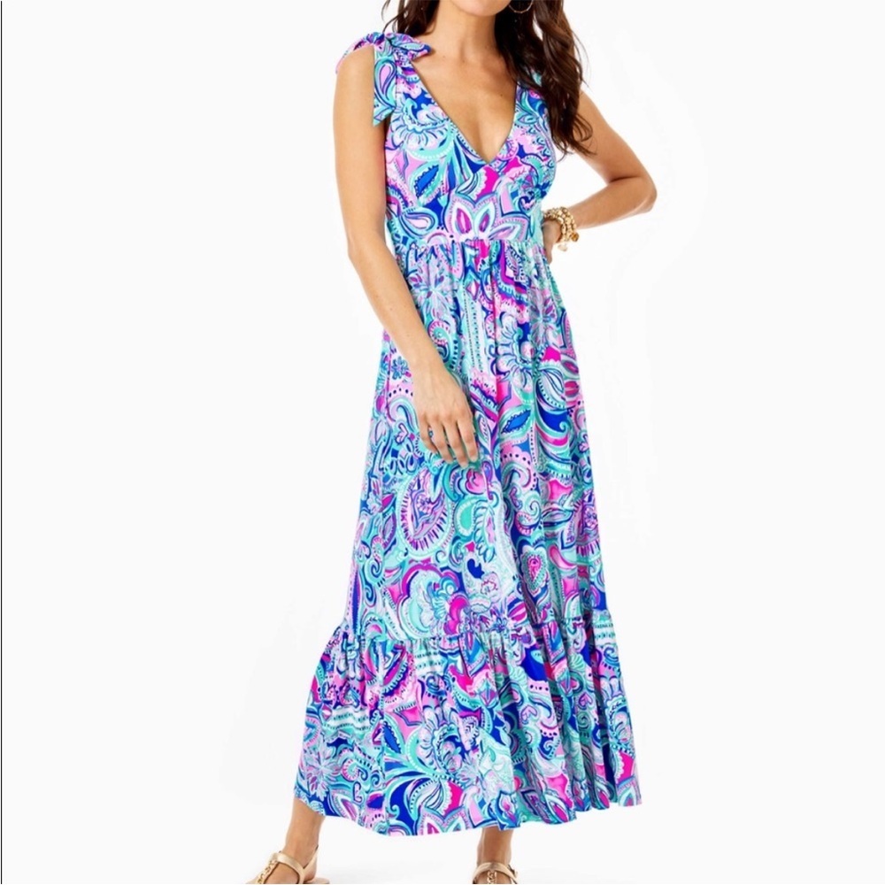 New Lilly Pulitzer Blue Maxine Midi Dress Multi Living the Dream 10